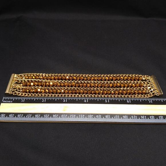 Golden Bronze Crystal Beads & Gold Chain Bracelet, Magnetic Clasp, 7 1/2 Inches - Picture 4 of 8